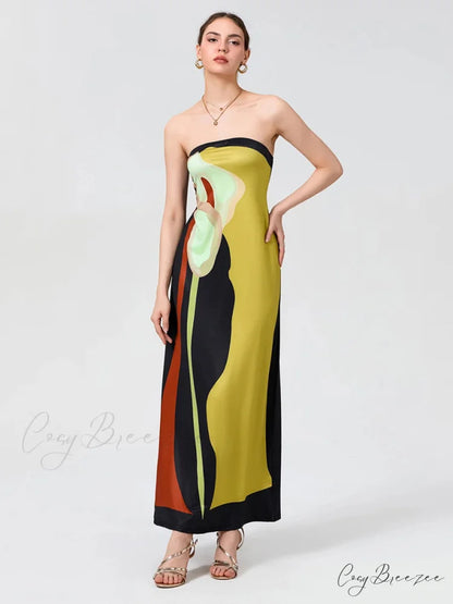 Vintage Abstract Floral Strapless Backless Loose Tube Top Dress floraldress-250126