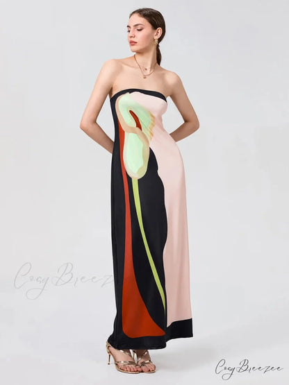 Vintage Abstract Floral Strapless Backless Loose Tube Top Dress PINK1 / S floraldress-250126