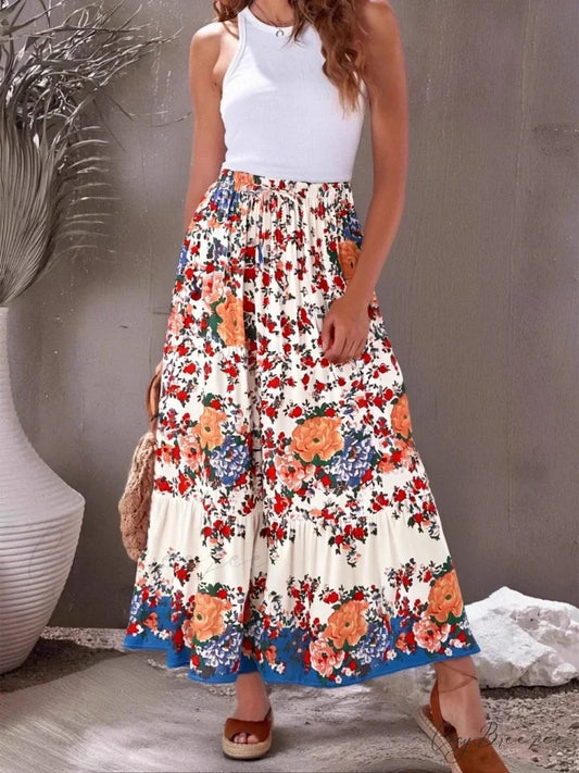 Vintage Beach Floral Hippie High Waist Boho Maxi Skirt Femme Beige / S skirt-250126