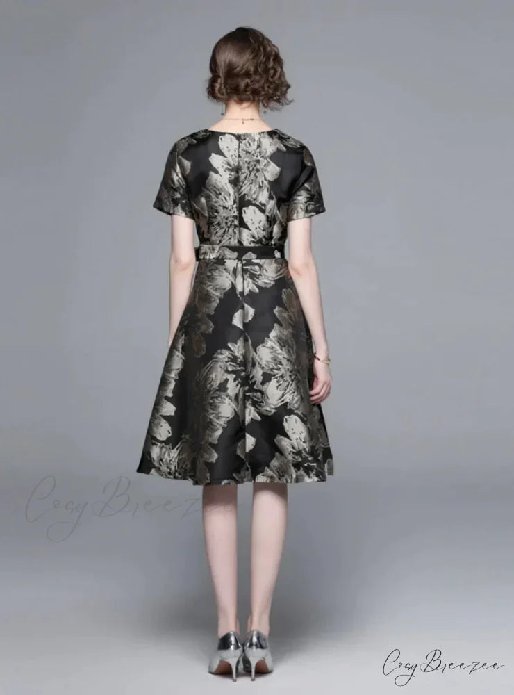 Vintage Black and Gold Print Dress with Short Sleeves