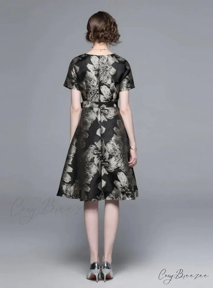 Vintage Black and Gold Print Dress with Short Sleeves