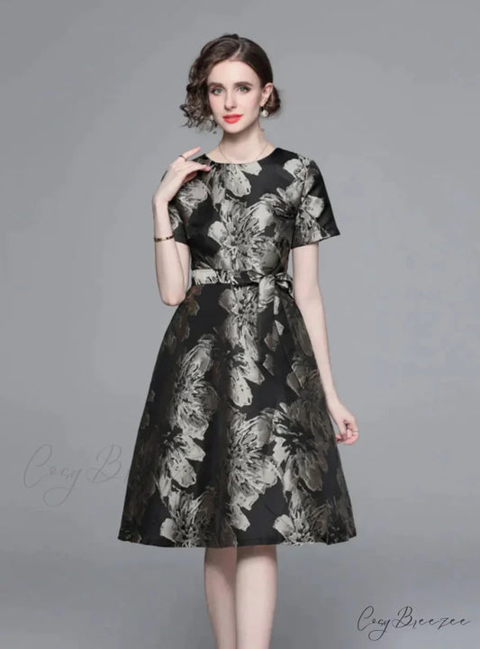 Vintage Black and Gold Print Dress with Short Sleeves