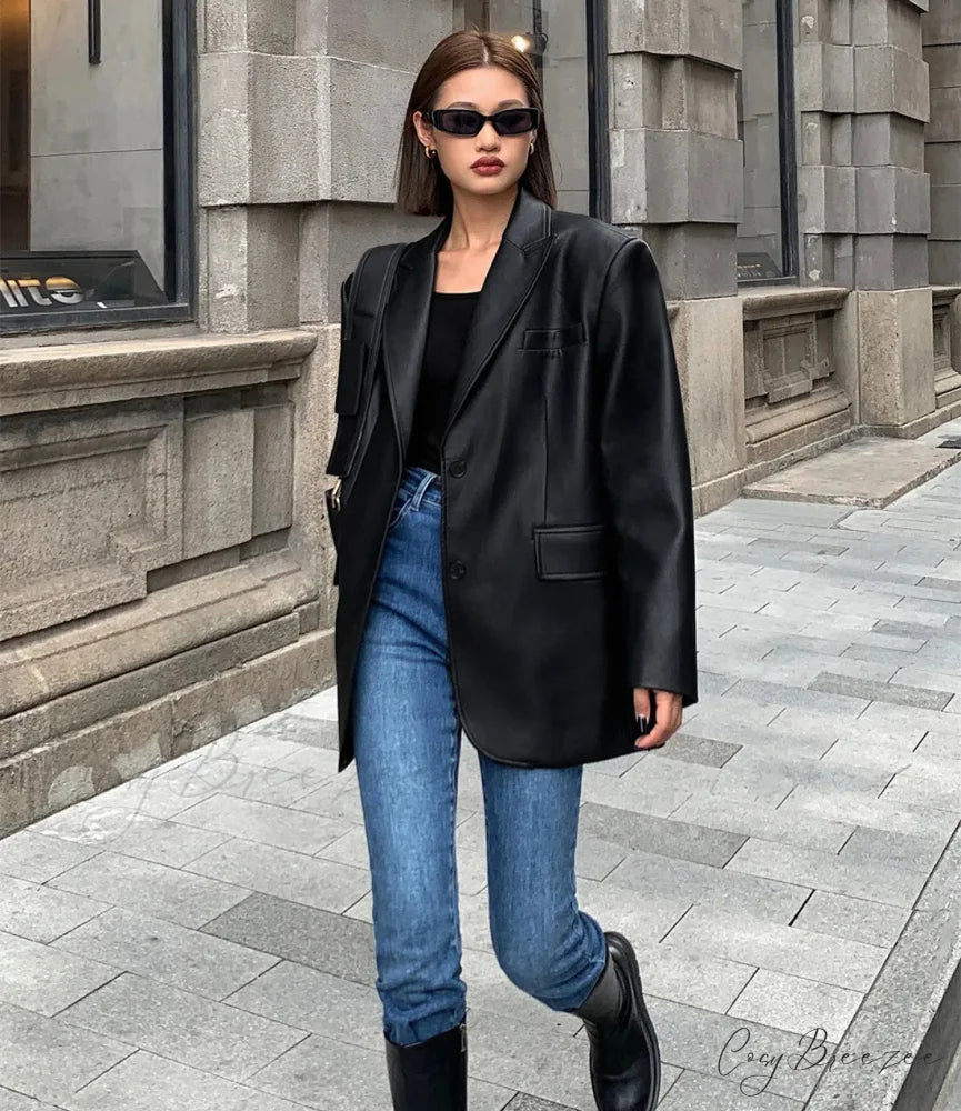Vintage Black High Quality Leather Loose Biker Casual Long Sleeve Pocket Oversized Blazer