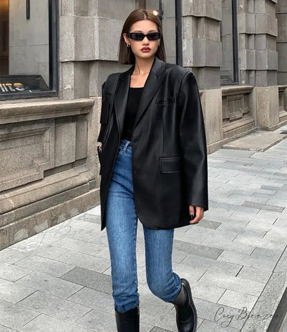 Vintage Black High Quality Leather Loose Biker Casual Long Sleeve Pocket Oversized Blazer