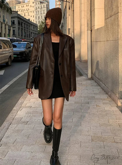 Vintage Black High Quality Leather Loose Biker Casual Long Sleeve Pocket Oversized Blazer Coffee / S