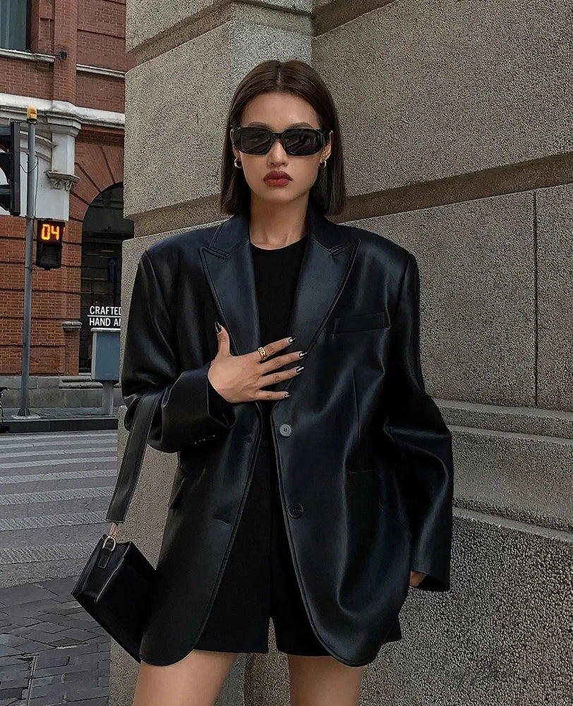 Vintage Black High Quality Leather Loose Biker Casual Long Sleeve Pocket Oversized Blazer Black / S