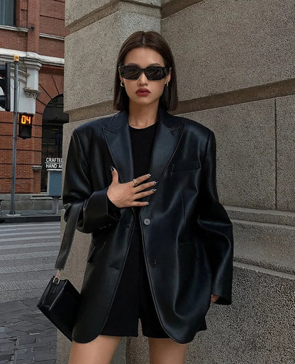 Vintage Black High Quality Leather Loose Biker Casual Long Sleeve Pocket Oversized Blazer Black / S