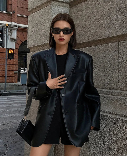 Vintage Black High Quality Leather Loose Biker Casual Long Sleeve Pocket Oversized Blazer Black / S