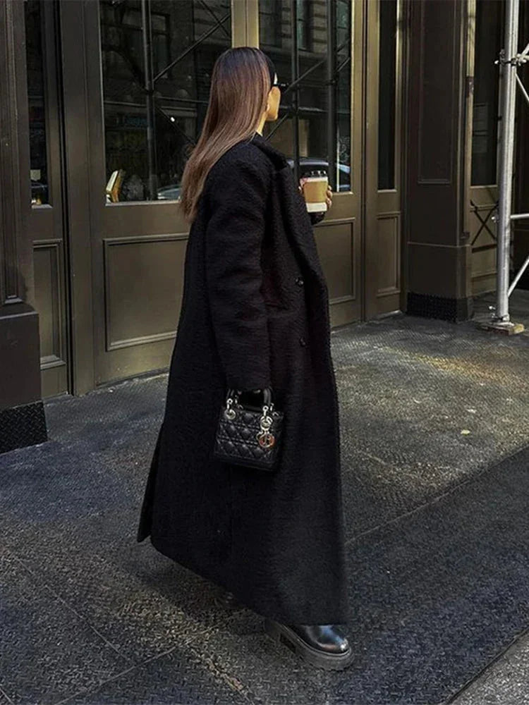 Vintage Black Woolen Double-Breasted Coat overcoats-241228