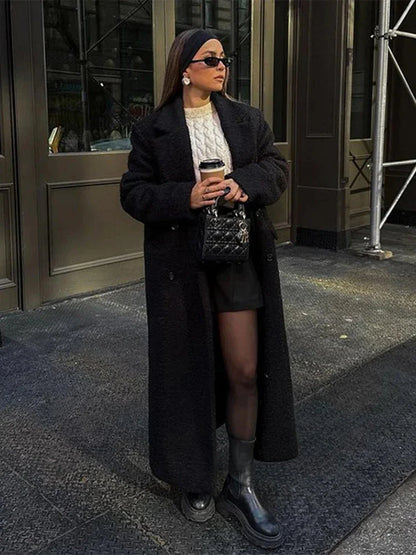 Vintage Black Woolen Double-Breasted Coat overcoats-241228