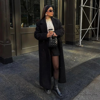 Vintage Black Woolen Double-Breasted Coat Black / S overcoats-241228