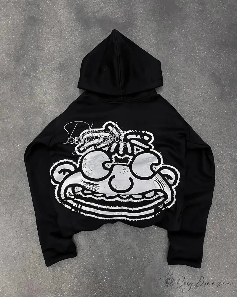 Vintage Black Zipper Hoodie black 4 / S hoodies-241228