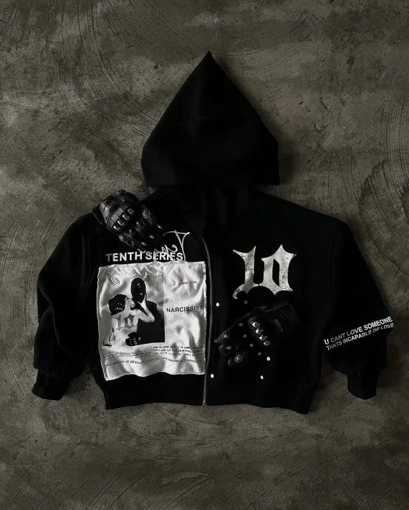 Vintage Black Zipper Hoodie hoodies-241228