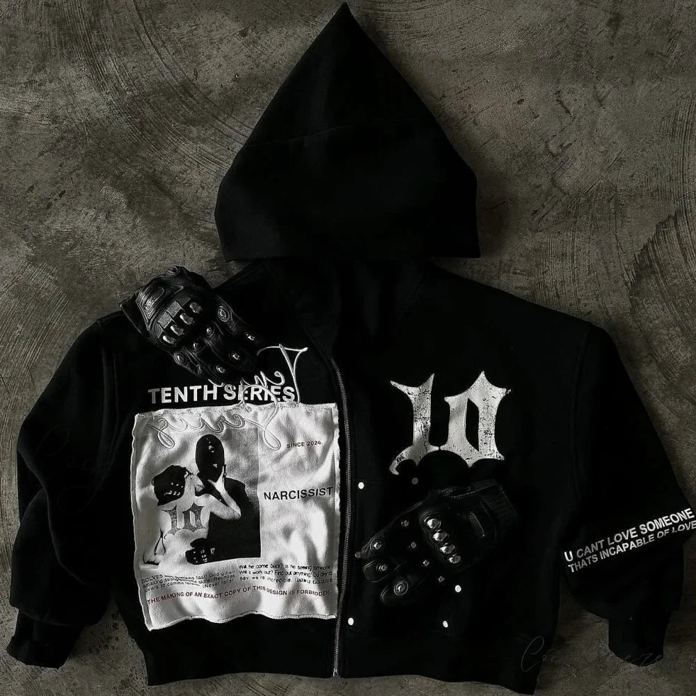 Vintage Black Zipper Hoodie hoodies-241228