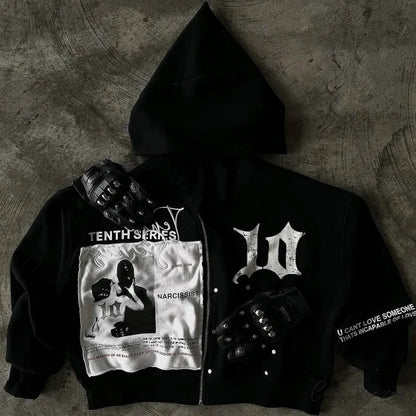 Vintage Black Zipper Hoodie hoodies-241228