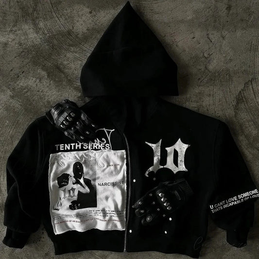 Vintage Black Zipper Hoodie hoodies-241228