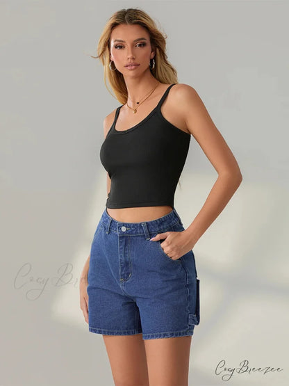 Vintage Blue Button Denim Shorts short-250223