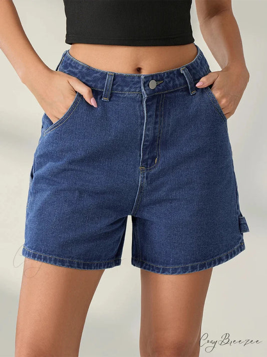 Vintage Blue Button Denim Shorts short-250223