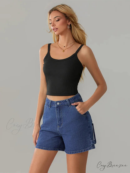 Vintage Blue Button Denim Shorts short-250223