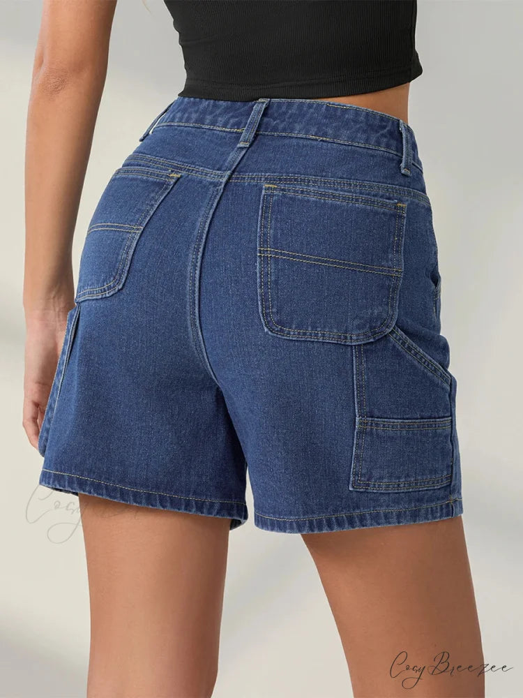 Vintage Blue Button Denim Shorts short-250223