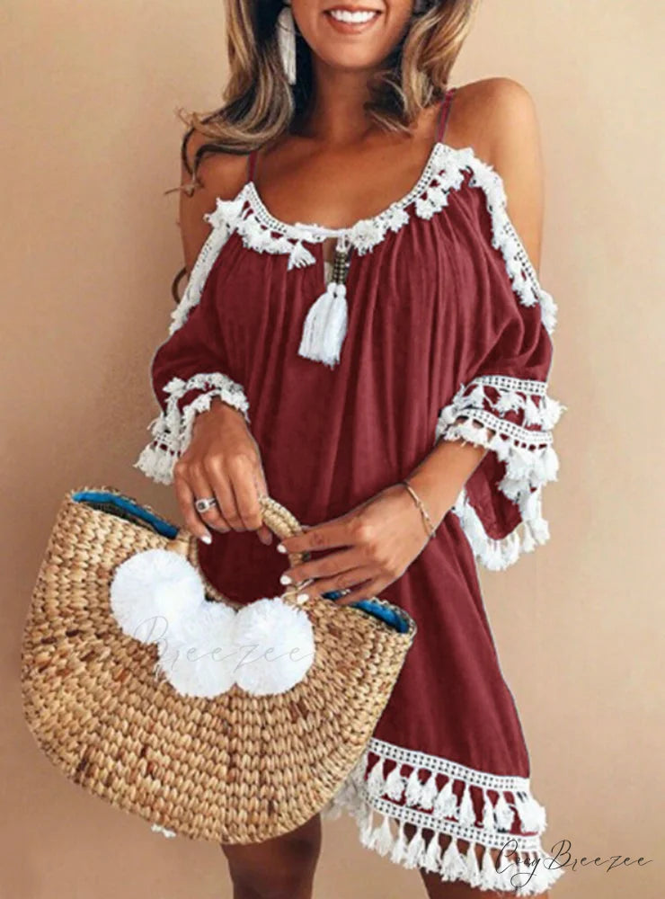 Vintage Boho Mini Beach Party Dress with Round Neck and 3/4 Sleeves S / Black