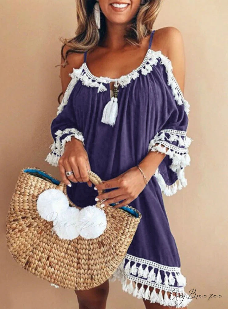 Vintage Boho Mini Beach Party Dress with Round Neck and 3/4 Sleeves S / Blue