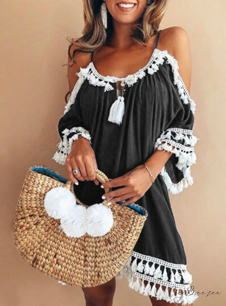 Vintage Boho Mini Beach Party Dress with Round Neck and 3/4 Sleeves S / Purple