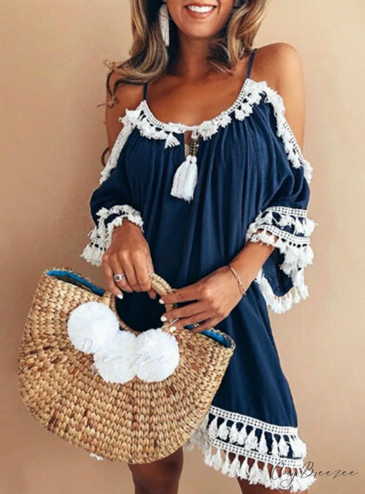 Vintage Boho Mini Beach Party Dress with Round Neck and 3/4 Sleeves S / Red