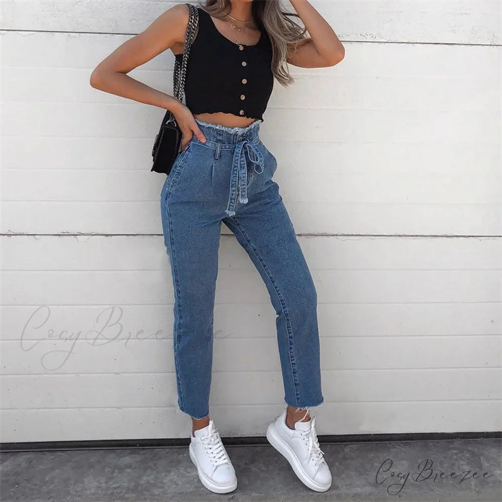 Vintage Bow Bandage Hole Denim Jeans Blue / XXXL