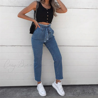 Vintage Bow Bandage Hole Denim Jeans Blue / XXXL