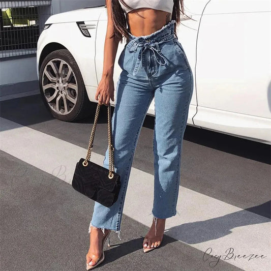 Vintage Bow Bandage Hole Denim Jeans Blue / XXXL