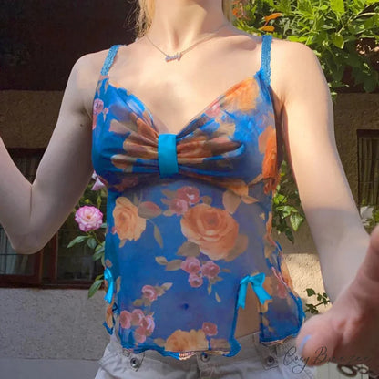 Vintage Bow Split Crop Top Blue / S croptop-250223