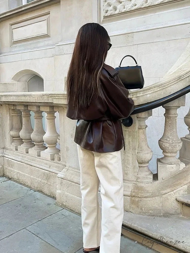 Vintage Brown Button PU Leather Coat coats-241228