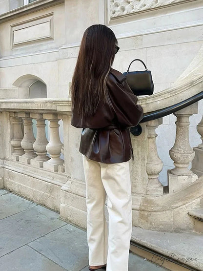 Vintage Brown Button PU Leather Coat coats-241228