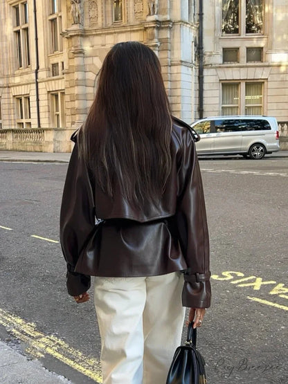 Vintage Brown Button PU Leather Coat coats-241228
