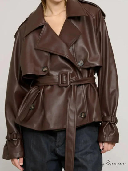 Vintage Brown Button PU Leather Coat dark brown / S coats-241228