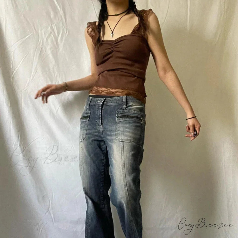 Vintage Brown Lace Patchwork Open Back Slim Fit Fairy Grunge Y2K Camis Crop Top croptop-250126