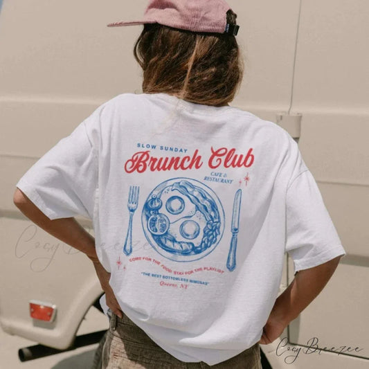 Vintage Brunch Club Oversized Print Tee WHITE / S t-shirt-250223