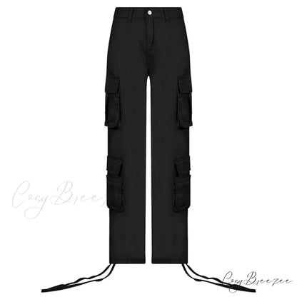 Vintage Cargo Baggy Streetwear Pockets Wide Leg Low Waist Casual Loose Y2k Denim Jean Black / S