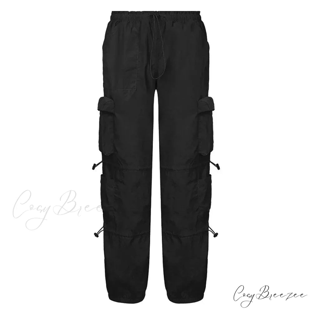 Vintage Cargo Baggy Streetwear Pockets Wide Leg Low Waist Casual Loose Y2k Denim Jean BLACK / S