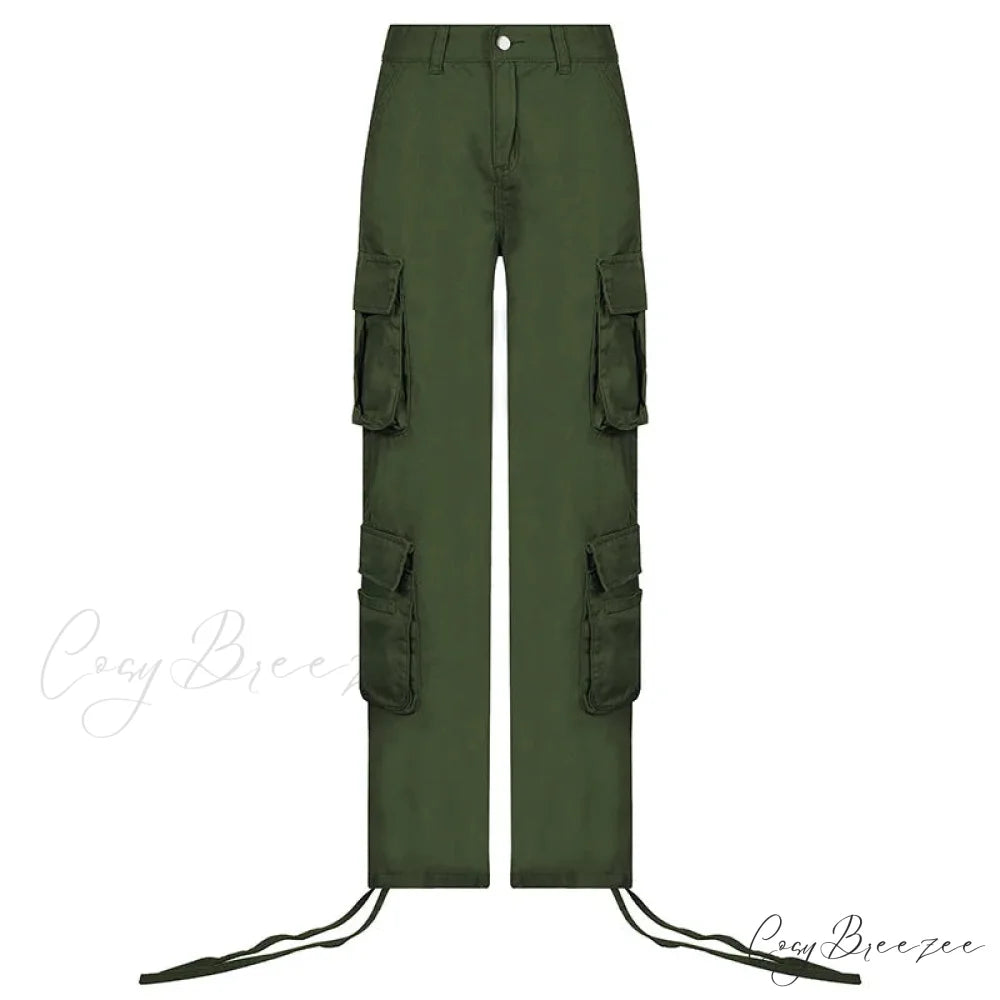 Vintage Cargo Baggy Streetwear Pockets Wide Leg Low Waist Casual Loose Y2k Denim Jean Green / S