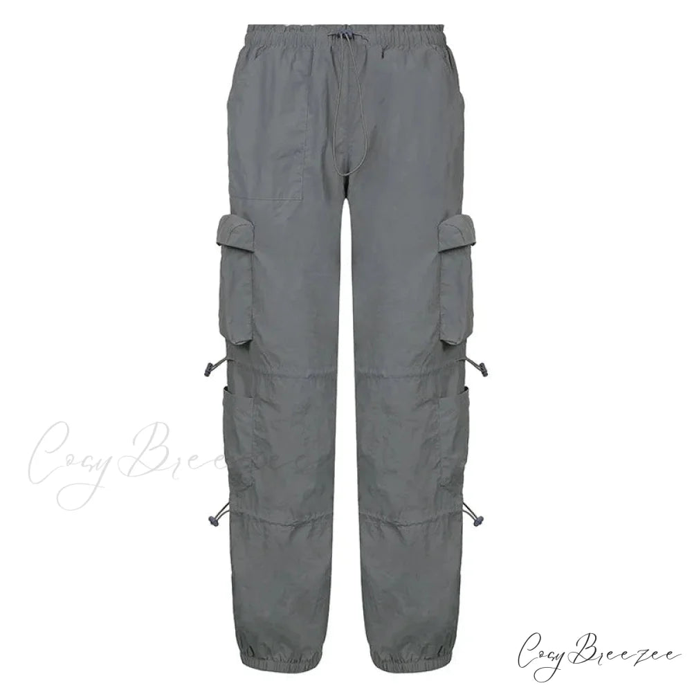 Vintage Cargo Baggy Streetwear Pockets Wide Leg Low Waist Casual Loose Y2k Denim Jean GREY / S