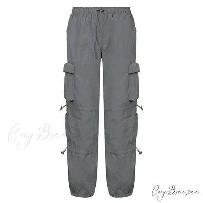 Vintage Cargo Baggy Streetwear Pockets Wide Leg Low Waist Casual Loose Y2k Denim Jean GREY / S