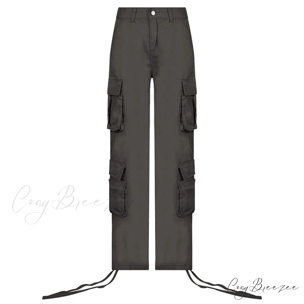 Vintage Cargo Baggy Streetwear Pockets Wide Leg Low Waist Casual Loose Y2k Denim Jean Grey / S