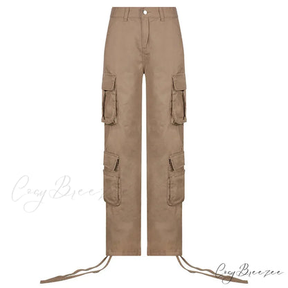 Vintage Cargo Baggy Streetwear Pockets Wide Leg Low Waist Casual Loose Y2k Denim Jean khaki / S