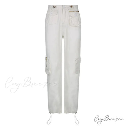 Vintage Cargo Baggy Streetwear Pockets Wide Leg Low Waist Casual Loose Y2k Denim Jean WHITE / S