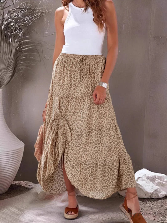 Vintage Chic Hippie Leopard Print Fold Design High Elastic A-Line Skirt YELLOOW / S skirt-250126