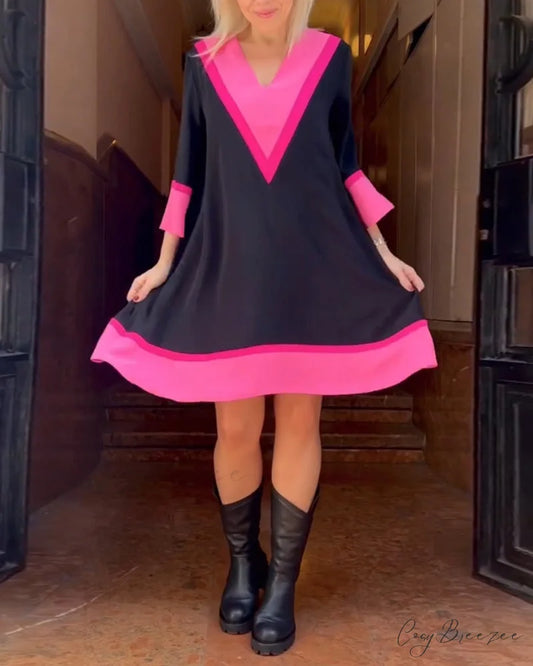 Vintage Color Block Patchwork Dress Black / S