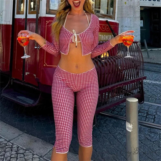 Vintage Cottage Slim Fit T-shirt Plaid Tie Front Crop Top Low Waist Pants Two Pieces Set twopiecesset-250126