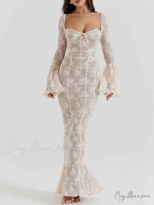 Vintage Cream Stylish Lace Maxi Dress White / S